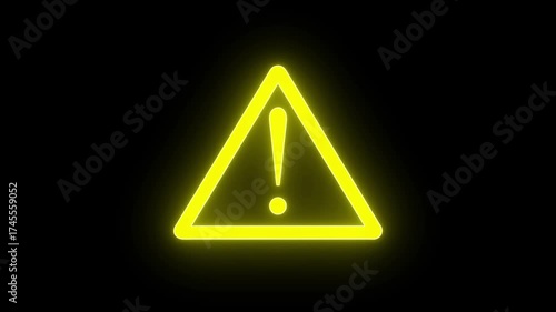 Glowing neon yellow warning sign animation on black background.