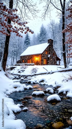 雪に覆われた石造りのコテージと森の小川