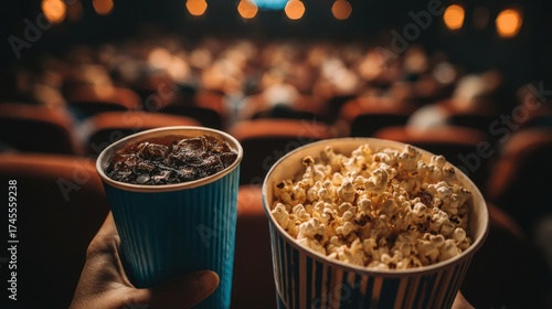 Selective focus shot of unrecognizable Black man holding plastic cup with cola drink at cinema