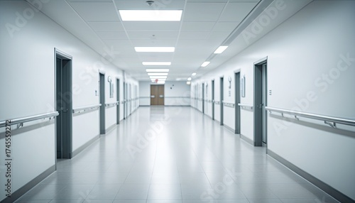 Wallpaper Mural Long, empty hospital corridor with doors on each side, leading to closed double doors Torontodigital.ca