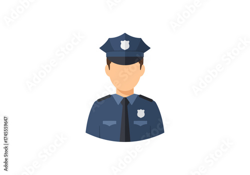 Flat design police officer icon bust shot wearing blue uniform cap and badges professional avatar.