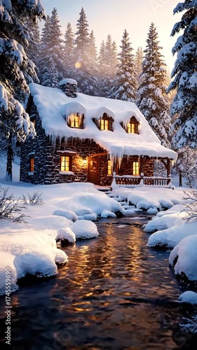 雪に覆われた小屋 夜の光が輝く針葉樹林