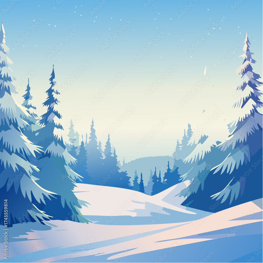 Fototapeta premium Snowy forest landscape with tall pine trees