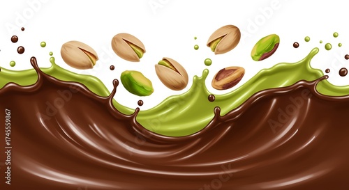 Realistic vector illustration of pistachios falling into a dynamic splash of melted chocolate and green pistachio cream, isolated on a white background