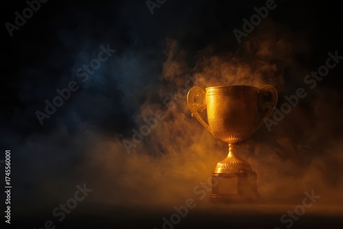 Golden trophy cup emits a w...