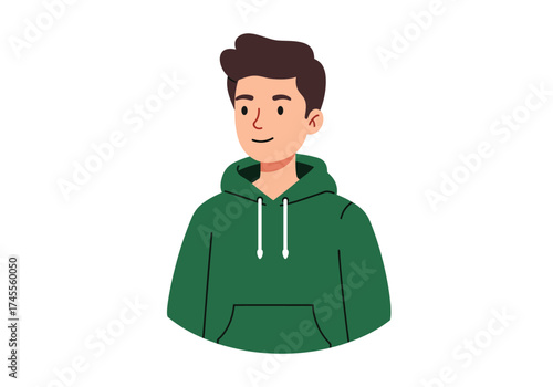 Portrait of a smiling young man with brown hair wearing a casual green hoodie flat vector illustration.