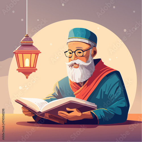 Elderly scholar reading book with lantern light