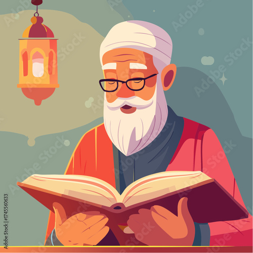 Elderly Muslim man reading holy book with lantern