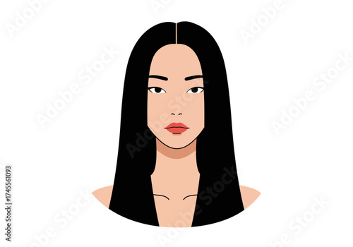 Stylized womans headshot with long black hair neutral expression and red lips minimalist vector art.