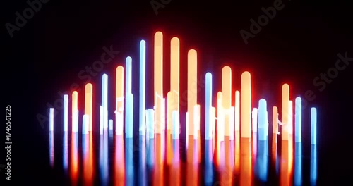 Vibrant soundwave visualization with illuminated bars reflecting on surface