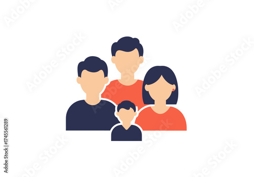 Stylized Family Portrait with Parents and Children in Flat Design.