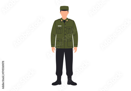 Flat vector illustration of a faceless male soldier standing in a green military uniform with a cap.