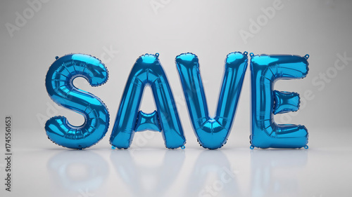 Shimmering blue balloons spell out SAVE for exciting promotions and discounts