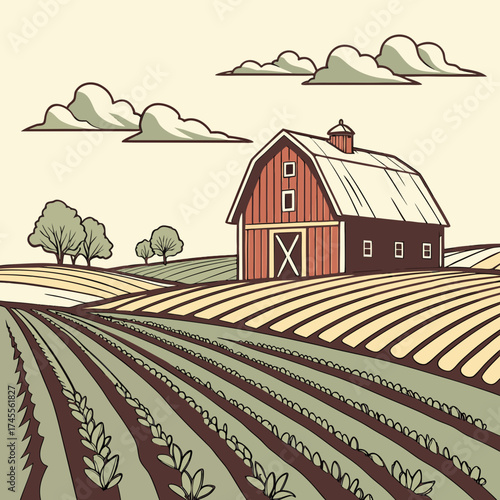 Vector art of barn in field under cloudy sky
