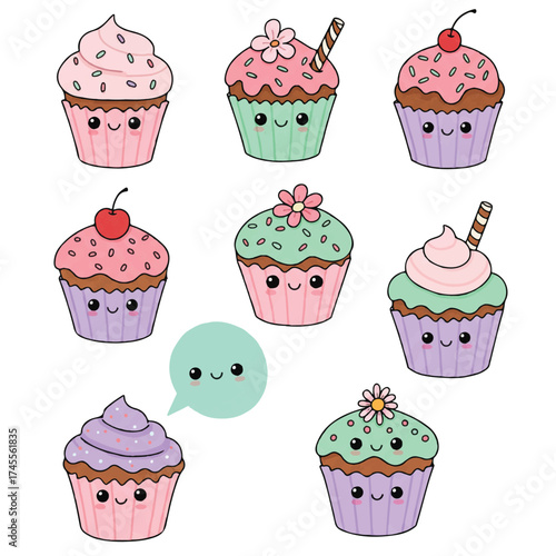 A delightful set of cute cupcakes in various pastel colors are beautifully presented as a Flat 2D vector illustration on a clean white background, exuding a sweet and cheerful mood.