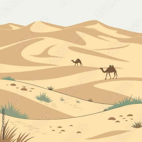Vector art of desert landscape with camel