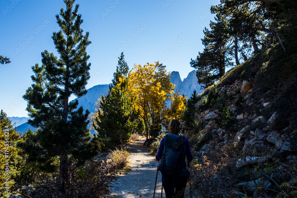 Fototapeta premium Young hiker woman in autumn in Aiguestortes and Sant Maurici National Park, Spain