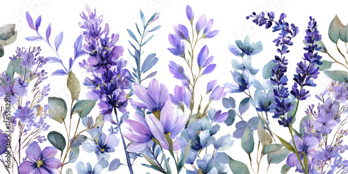 A delicate watercolor painting of lavender flowers and green foliage creating a beautiful floral border isolated on white background
