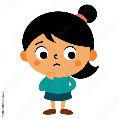 Pensive cartoon girl pondering a problem with hand on chin illustration art cute isolated