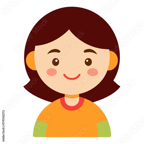 Cute cartoon girl illustration with brown hair and orange shirt against white background vector design