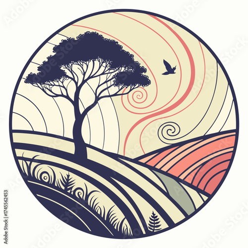 Vector art of landscape with tree and bird