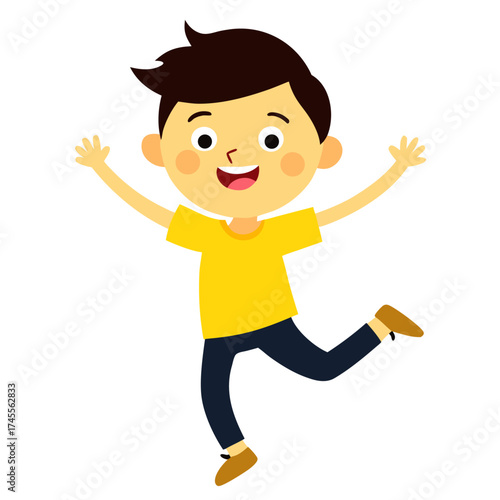 Happy cartoon boy jumping with joy and excitement with a bright and cheerful yellow shirt smiling widely
