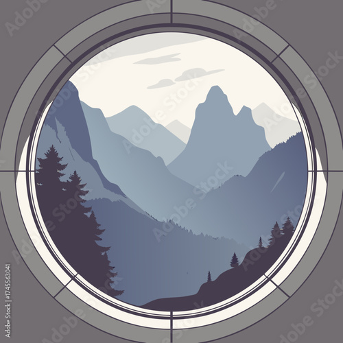 Vector art of mountain view through a porthole