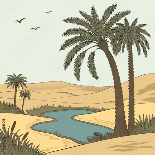 Vector art of oasis with palm tree in desert