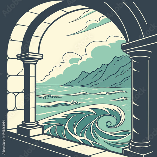 Vector art of ocean view from stone balcony