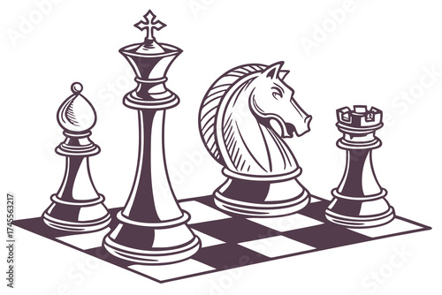 Chess Pieces Bishop King Knight and Rook on Chessboard game strategy