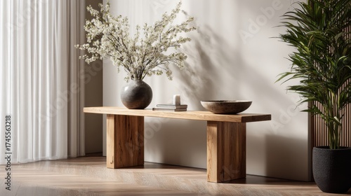 Modern Minimalist Interior with Wooden Bench and Floral Arrangement