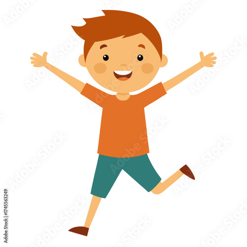 Joyful cartoon boy character jumping with happiness and excitement on a clean white background vector illustration