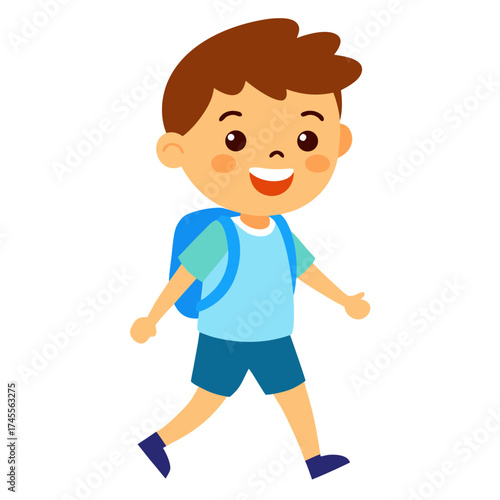 Happy cartoon schoolboy with backpack walking cheerfully on a bright day full of joy