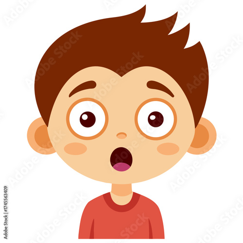 Cartoon boy with wide eyes and an open mouth expressing surprise and astonishment on white background