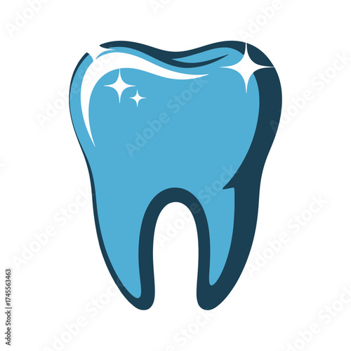 Blue tooth with sparkling highlights and dark outline on white background sparkle shine