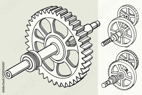 Detailed Mechanical Gear with Shaft and Multiple Views on Light Background machinery engineering