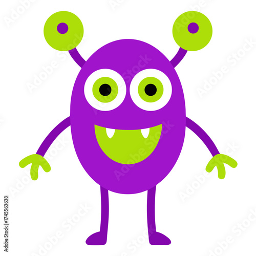 Cute purple alien with green features smiles with two antennae for creative projects and designs