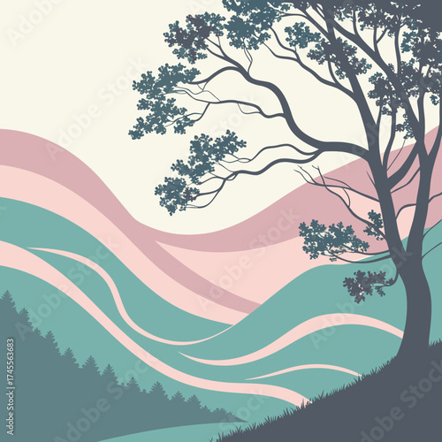 Vector art of tree silhouette on rolling hills