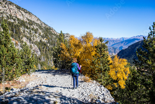Wallpaper Mural Young hiker woman in autumn in Aiguestortes and Sant Maurici National Park, Spain Torontodigital.ca