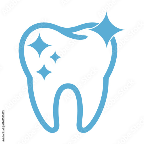 Blue tooth icon with sparkling stars on white background dental hygiene