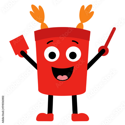 Cheerful red pot character with orange hair and pointing stick waving playfully with happiness and joyful expression