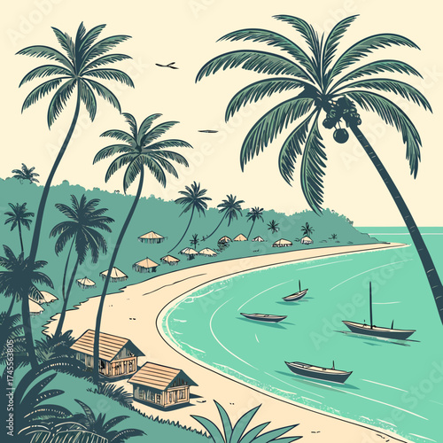 Vector art of tropical beach with palm trees