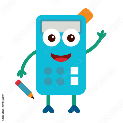 Cartoon Calculator Character with Pencil and Waving Arm Isolated on White Background an Education Concept