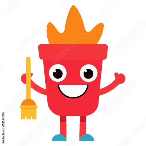 Cute cartoon flowerpot character holding a gardening tool with a cheerful smile and friendly gesture