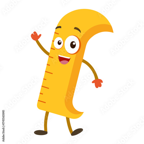 Cheerful cartoon ruler character waving hello education and measurement concept in vector illustration style ideal for kids