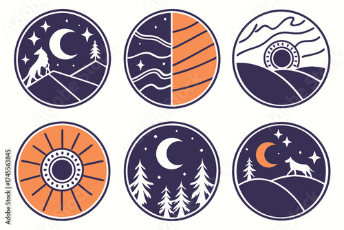 Six circular emblems featuring celestial and nature scenes with a dog circle badge
