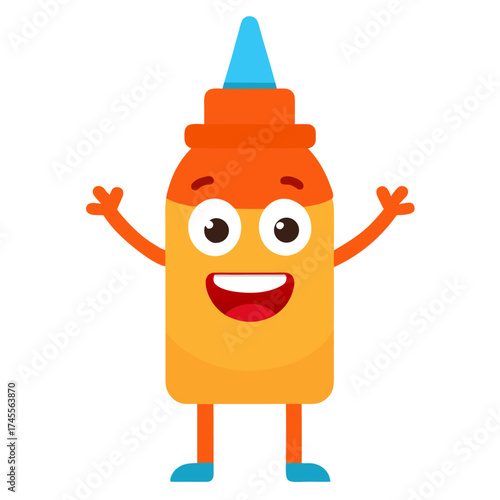 Happy Cartoon Condiment Bottle Character Vector Illustration with Smiling Face and Arms Extended For Greeting