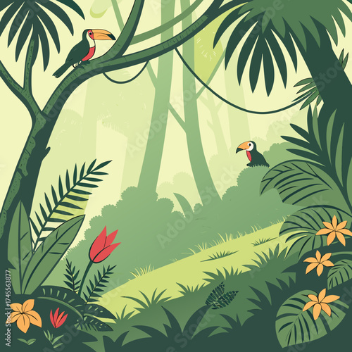 Vector art of tropical jungle with toucans