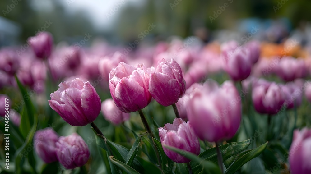 Fototapeta premium Close up of blooming pink and purple tulips in a garden field with soft spring light
