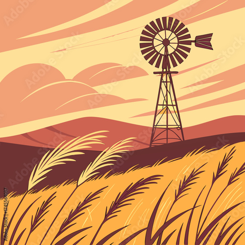 Vector art of windmill in wheat field at sunset